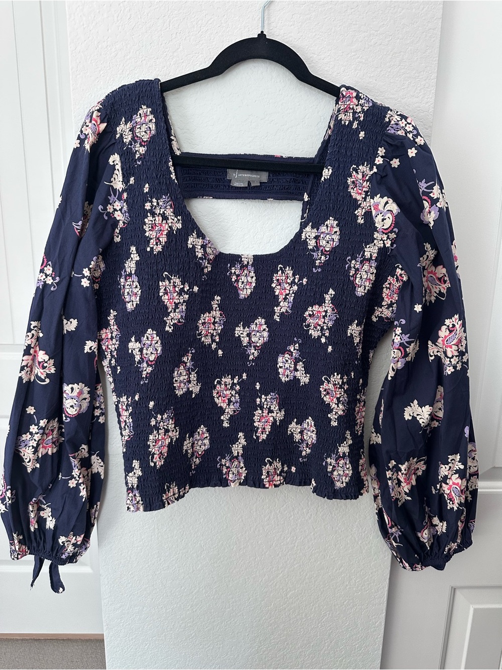 Anthropologie Floral Smocked Blouse Navy Plaid Detail Size L